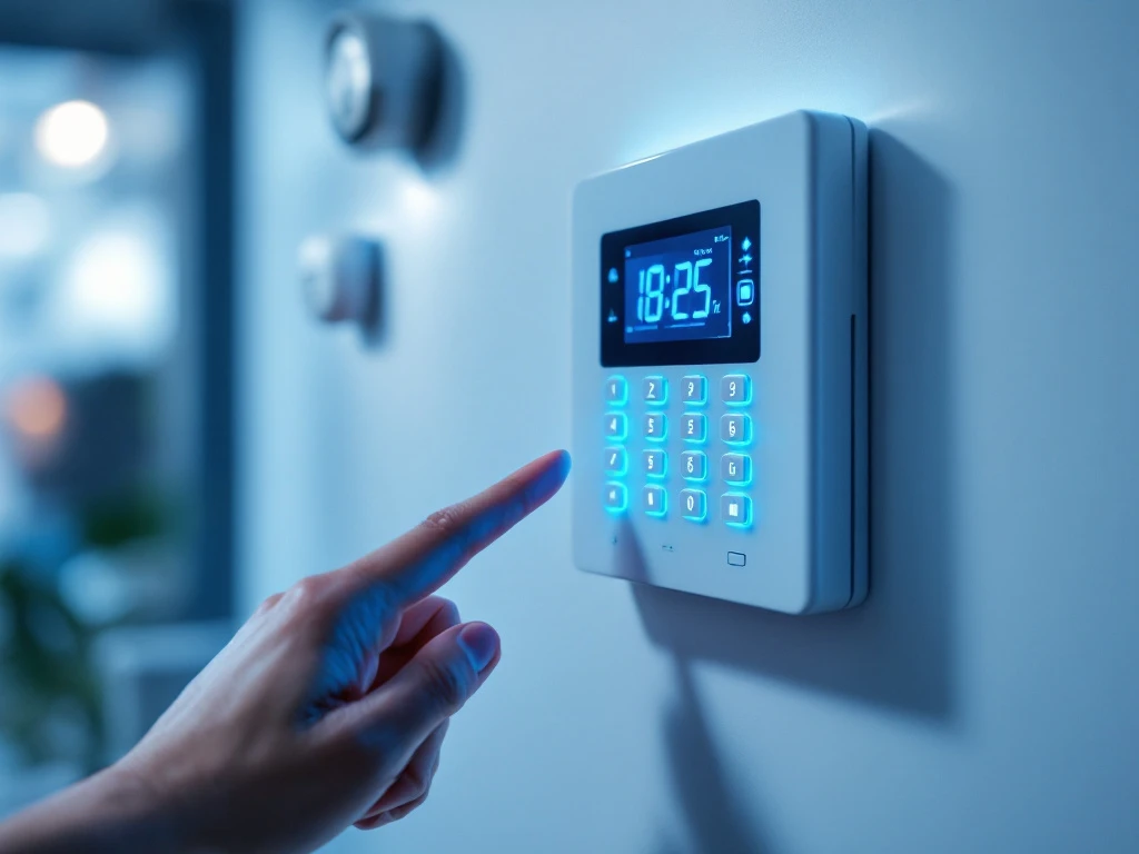 Moderne witte alarmpaneel met blauwe LED-indicators en hand bij touchscreen toetsenbord voor huisbeveiliging