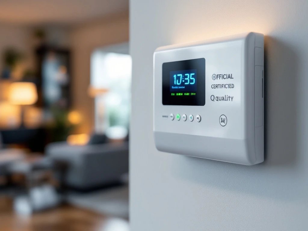 Wit alarmpaneel met groene statuslampjes en beveiligingscertificaten gemonteerd op muur in modern interieur
