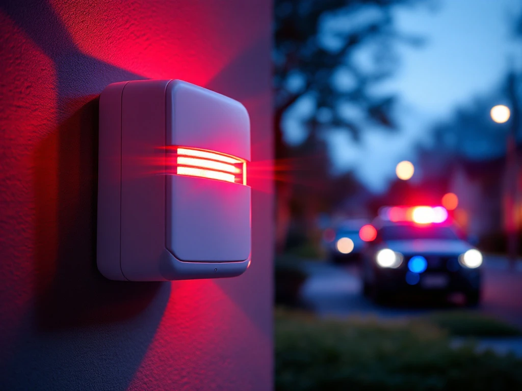 Witte alarmsirene met rode flitslichten op muur bij schemering, Marshall Security voertuig nadert op achtergrond.