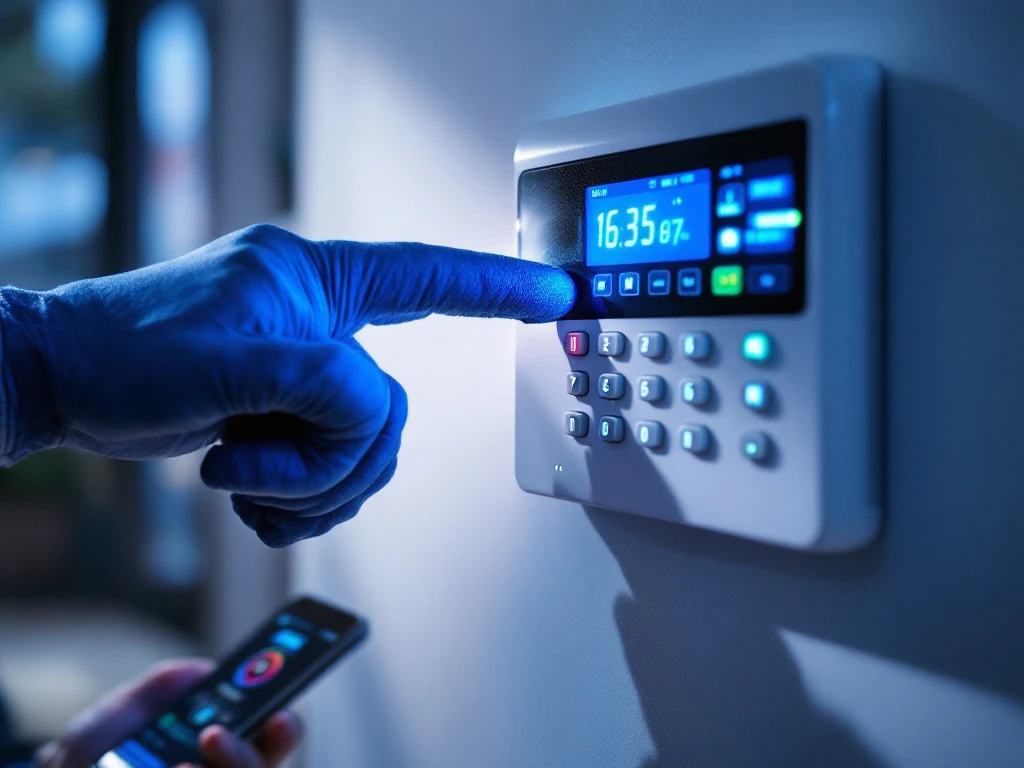 Beveiligingstechnicus test alarmpaneel met verlichte blauwe LED-indicatoren en smartphone-app op achtergrond