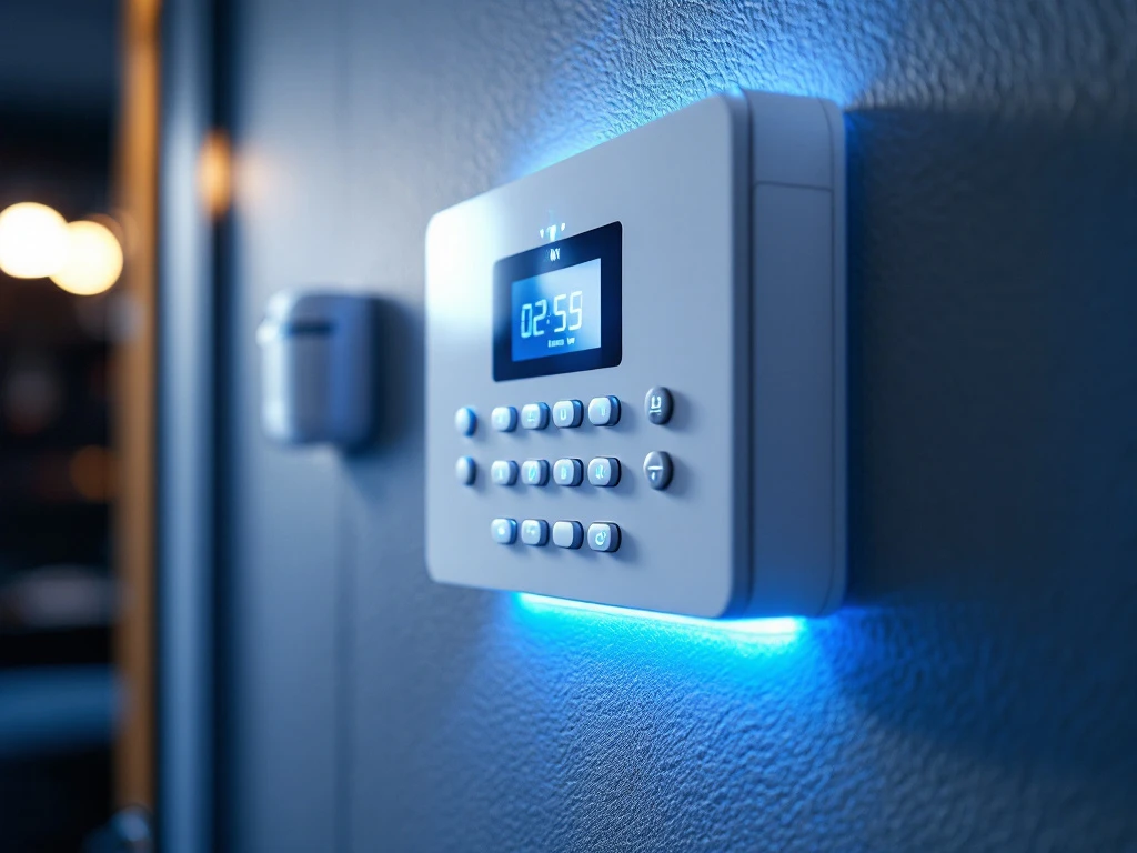 Wit alarmpaneel met blauwe LED-indicatoren en metalen knoppen gemonteerd op getextureerde muur met bewegingssensoren
