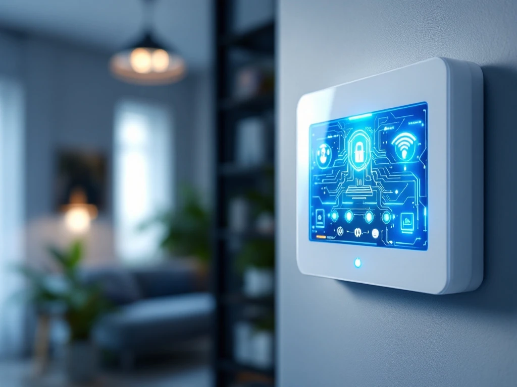 Modern wit alarmpaneel met LED-indicatoren en touchscreen gemonteerd op muur in beveiligd Nederlands interieur


Similar in style: 

A photorealistic close-up of a modern white alarm control panel mounted on a wall, its LED indicators glowing in blue and green against a sophisticated home interior. The panel's sleek touchscreen display shows an active security system interface with circuit patterns subtly visible through translucent casing. Dramatic side lighting creates depth, highlighting the metallic sensors and wireless connectivity symbols. In the soft-focused background, a secure Dutch home interior suggests protection and safety. The composition uses cool blues and professional grays, emphasizing technological precision and reliability in security systems.