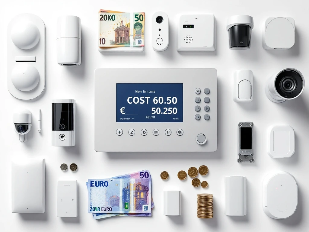 Professioneel beveiligingspaneel met digitaal display omringd door alarmsysteem componenten en euro geld op witte achtergrond