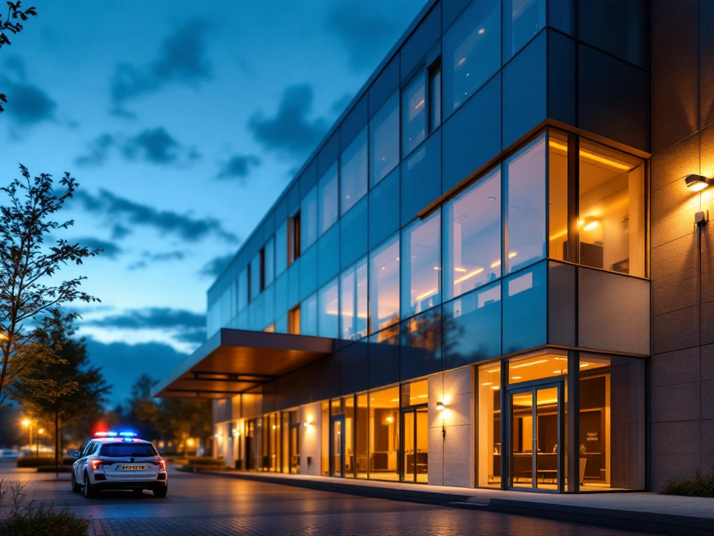Moderne Nederlandse MKB-bedrijfspand met beveiligingscamera's, toegangscontrole en Marshall Security patrouillewagen bij schemering


```
Character count: 127

Let me provide a shorter version:

Moderne MKB-bedrijfspand met beveiligingscamera's, toegangscontrole en patrouillewagen bij schemering