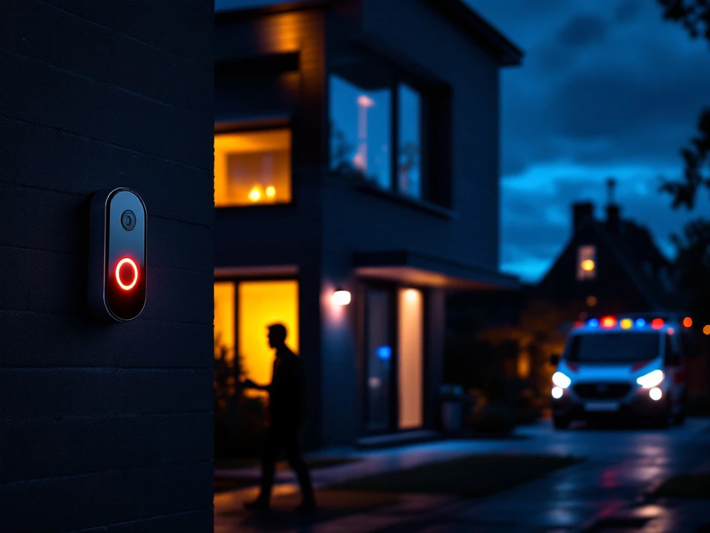 Modern Nederlands huis bij schemering met beveiligingscamera en bewegingssensoren die donkere figuur detecteren