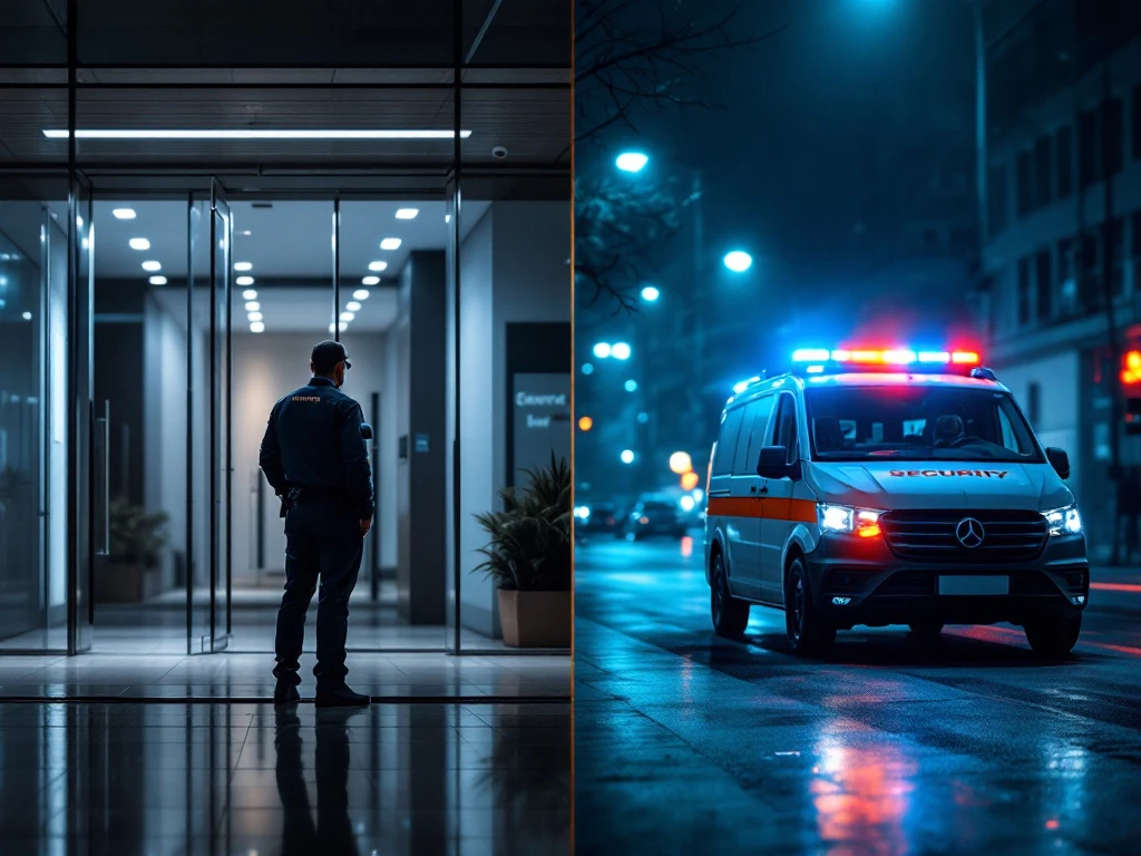 Beveiligingsbeambte bij gebouwingang en surveillancevoertuig met zwaailichten in nachtelijke stedelijke omgeving