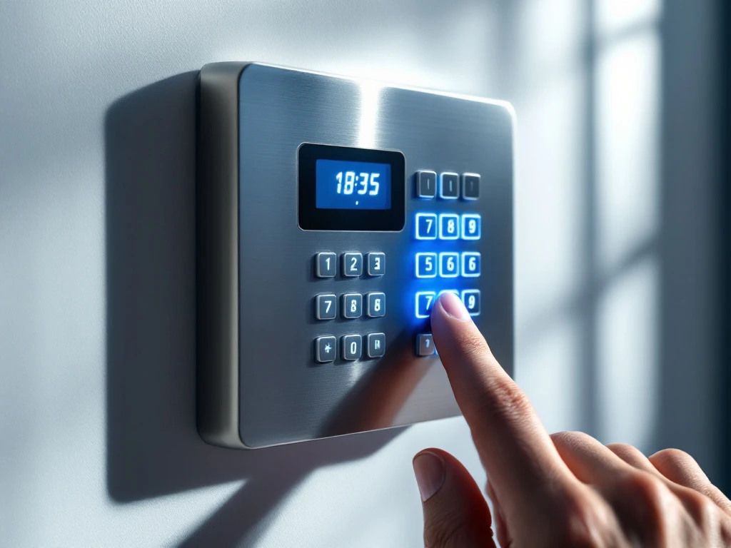 Hand voert beveiligingscode in op modern verlicht alarmkeypad met blauwe knoppen op witte muur
