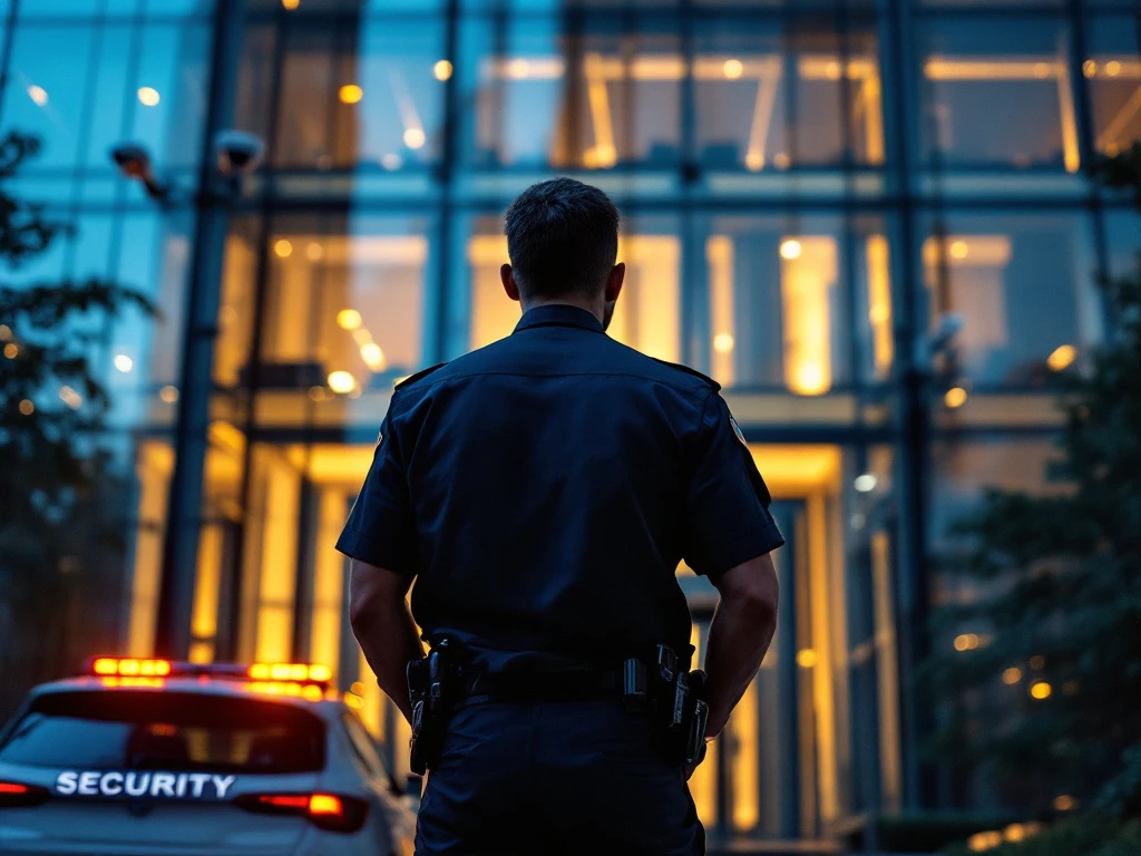 Beveiligingsbeambte in uniform bewaakt ingang modern kantoorgebouw bij schemering met beveiligingsvoertuig