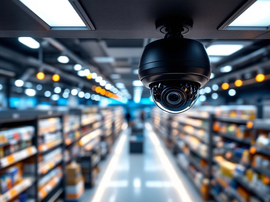 Zwarte koepelvormige beveiligingscamera aan plafond van moderne winkel met verlichte gangpaden en schappen