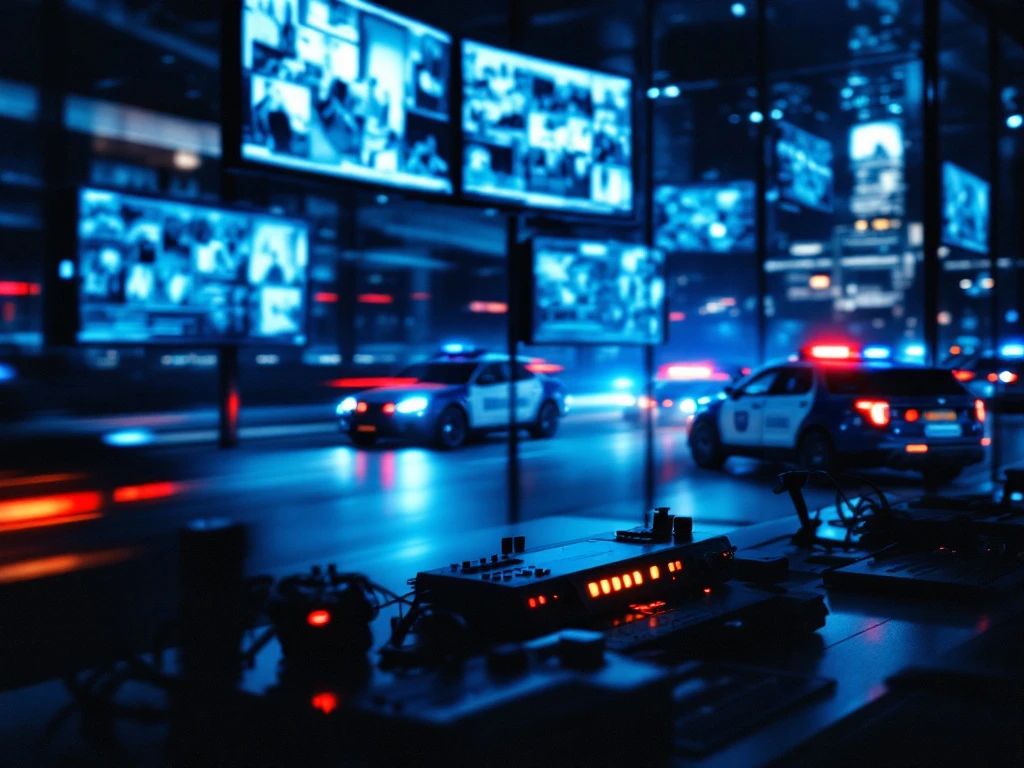 Moderne beveiligingscontrolekamer met HD-monitoren en Marshall Security patrouillevoertuigen die 's nachts uitrukken