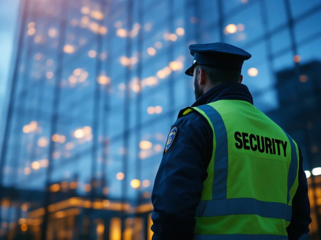 Beveiligingsmedewerker in uniform observeert modern kantoorgebouw tijdens schemering met gouden zonlicht