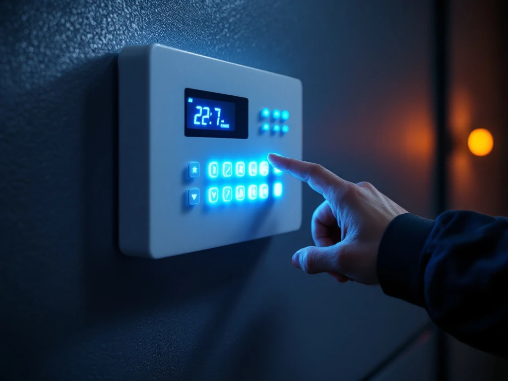 Beveiligingsmedewerker bedient verlicht alarm bedieningspaneel met blauwe LED-indicatoren op muur