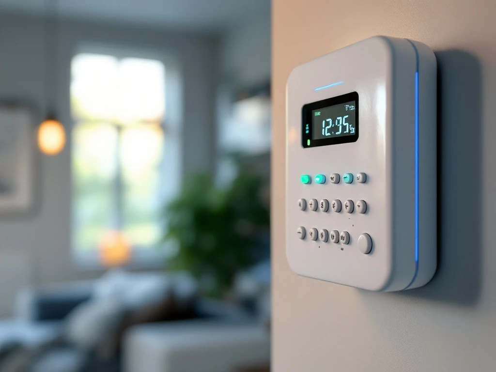 Wit beveiligingsalarmpaneel op muur met blauwe en groene LED-lampjes in modern huis interieur