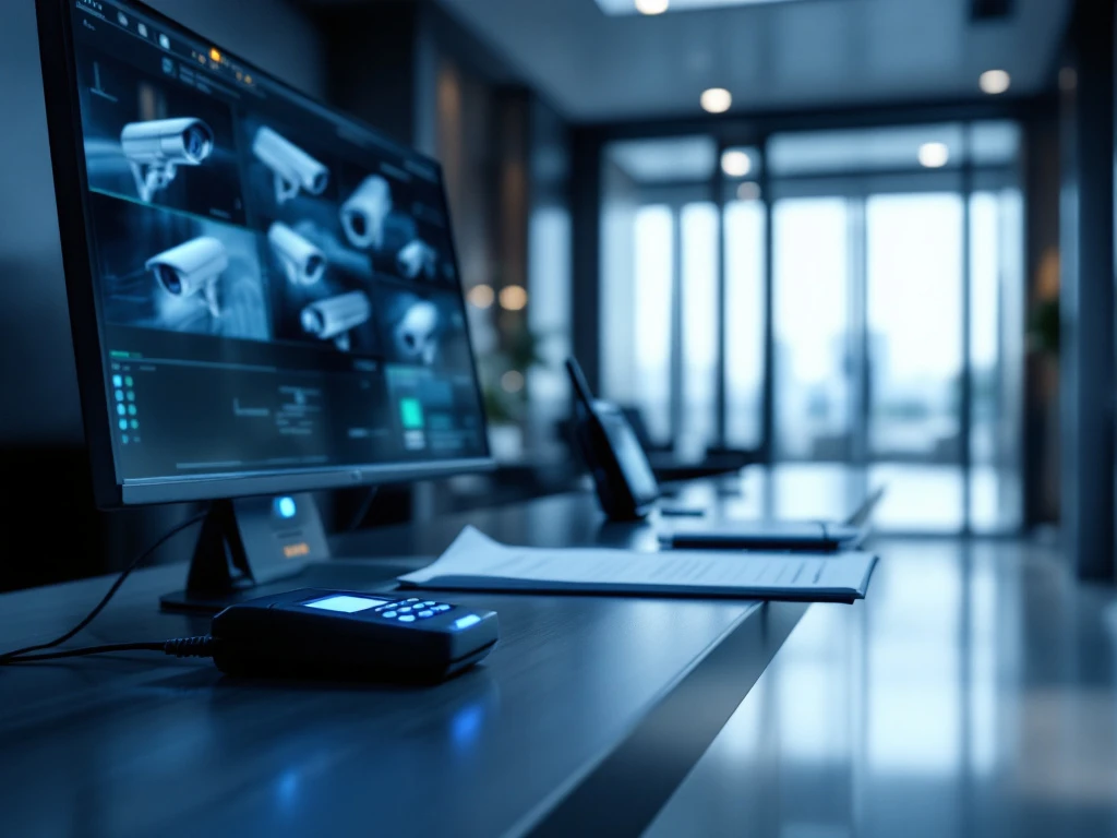 Beveiligingsbalie met monitor, toegangskaartlezer en portofoon in moderne kantoorlobby