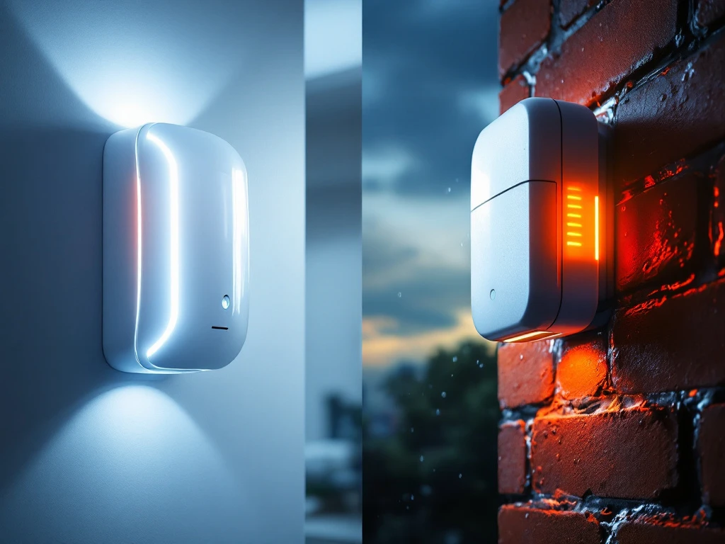 Moderne beveiligingssirenes binnen en buiten: witte indoor sirene op witte muur en weerbestendige outdoor sirene op bakstenen gevel