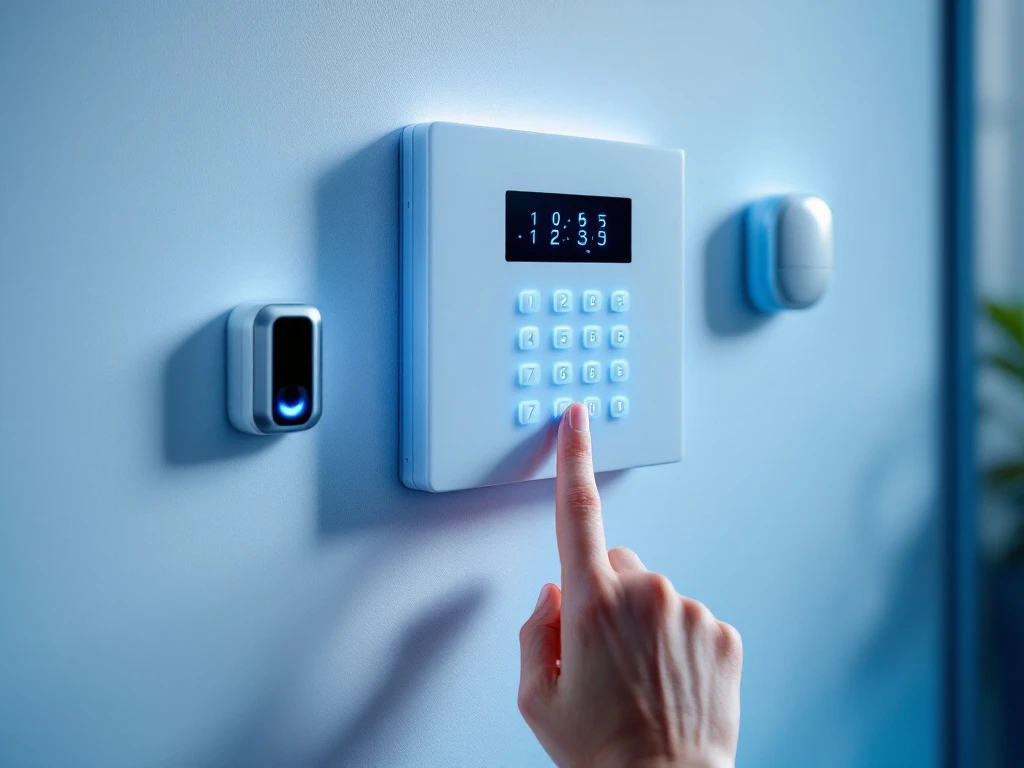 Moderne witte beveiligingsalarm bedieningspaneel met blauwe LED-indicatoren en hand bij toetsenbord