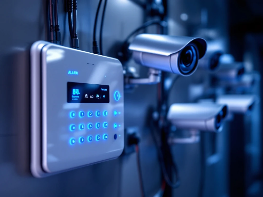 Modern beveiligingspaneel met LED-indicatoren geïntegreerd met HD-beveiligingscamera's en netwerkverbindingen