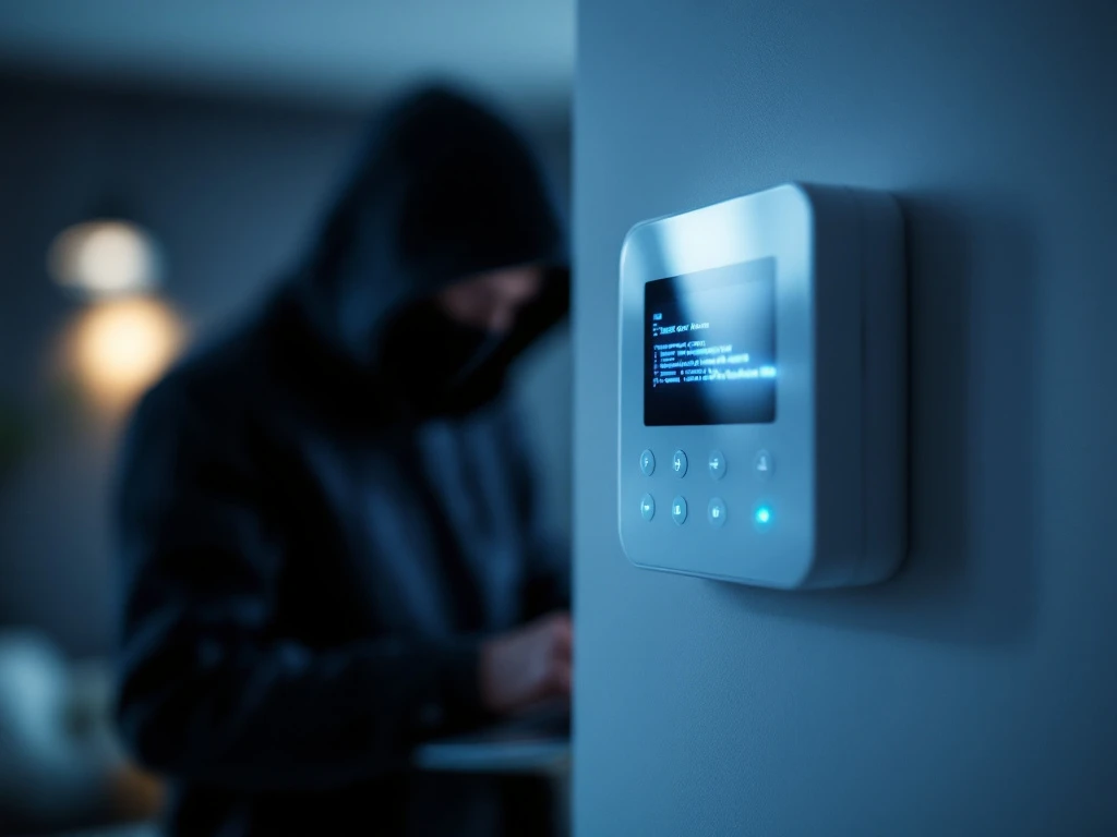 Witte slimme alarm bedieningspaneel met hacker die met laptop probeert in te breken, dramatische beveiliging scene


(Note: This is 121 characters including spaces)
