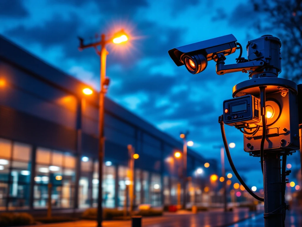 Beveiligingscamera's en hekwerk bij moderne industriële opslagfaciliteit bij schemering met dramatische verlichting
