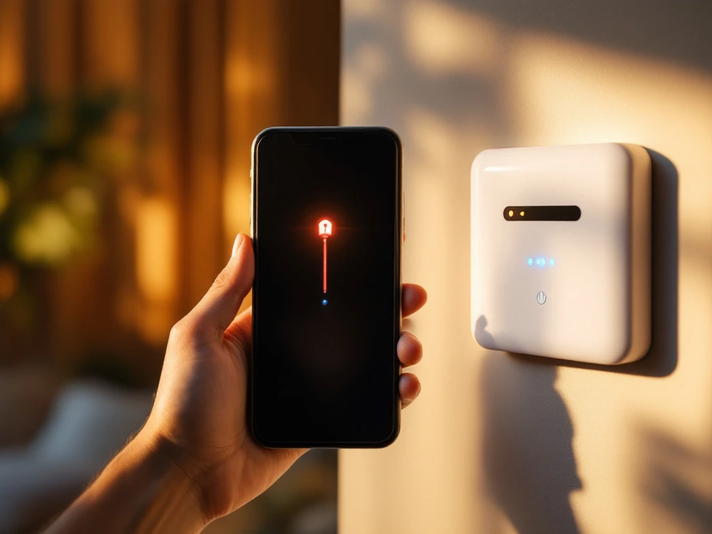Smartphone met rode beveiligingsmelding naast blauw verlicht alarmpaneel in modern interieur