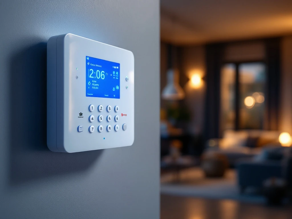 Modern wit alarmsysteem bedieningspaneel met blauwe LED-verlichting en touchscreen op muur in hedendaags interieur