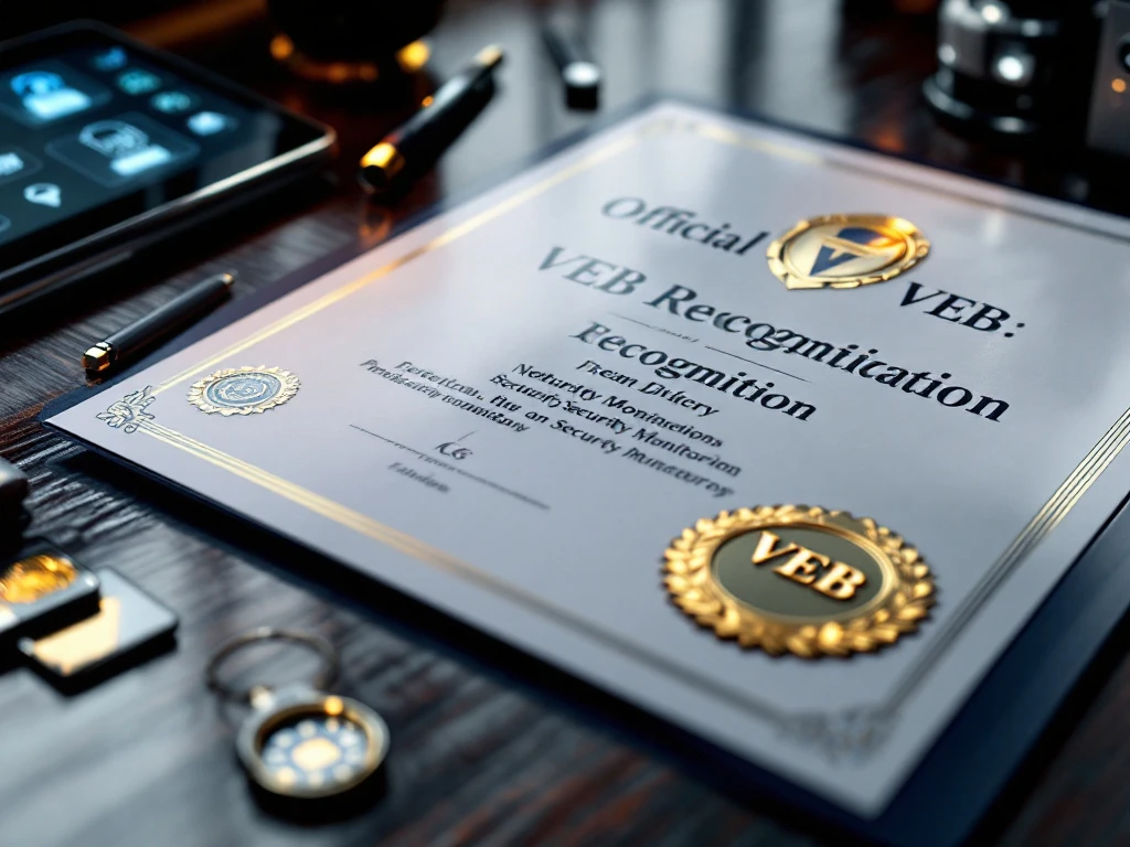 VEB beveiligingscertificaat met gouden zegel op bureau met badge, sleutelkaarten en tablet met beveiligingssysteem
