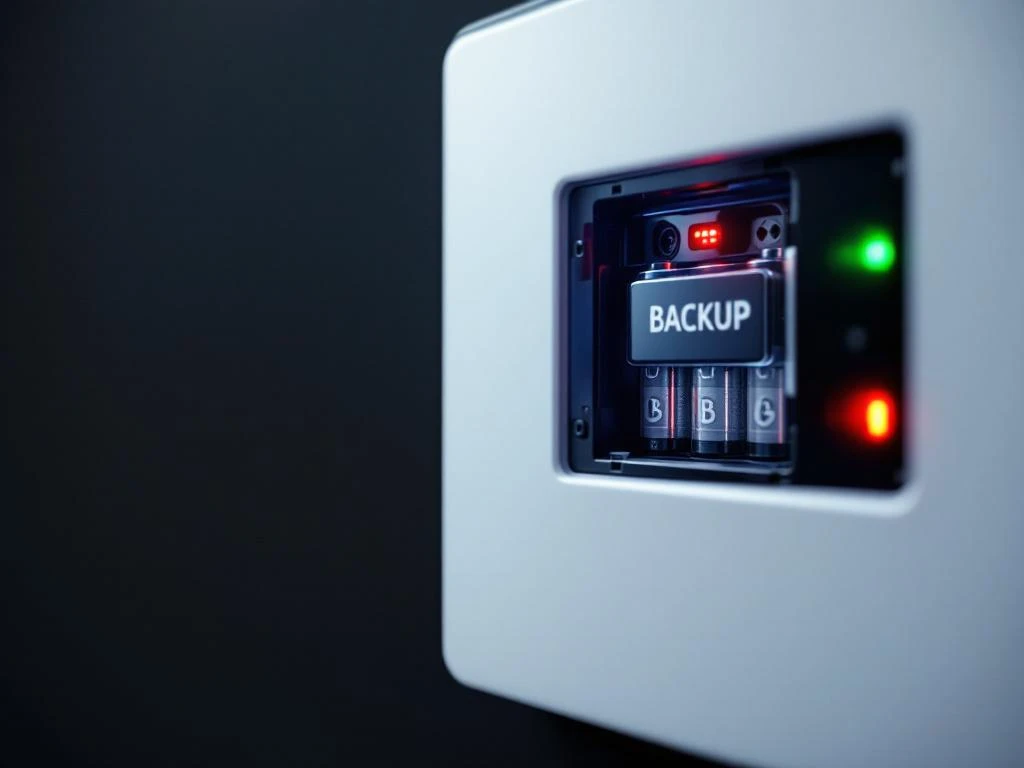 Wit alarmcontrolepaneel met LED-indicatoren en zichtbare backup batterijen gemonteerd op donkere muur