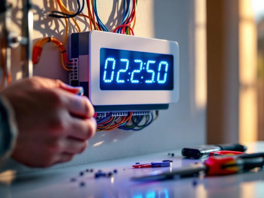 Technicus installeert wit beveiligingspaneel op muur met timer die 02:30 toont en gereedschap in de buurt