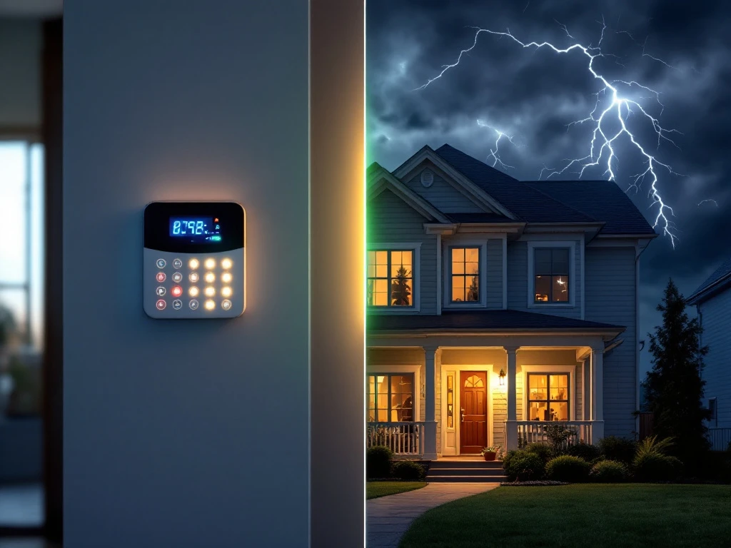 Beveiligingsalarm met back-up batterij blijft werken tijdens stroomstoring met onweer, groene indicator toont continuïteit