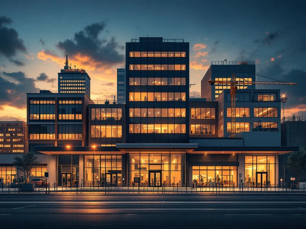 Beveiligingssystemen beschermen moderne bedrijfsgebouwen inclusief kantoren, magazijnen en winkels bij zonsondergang
