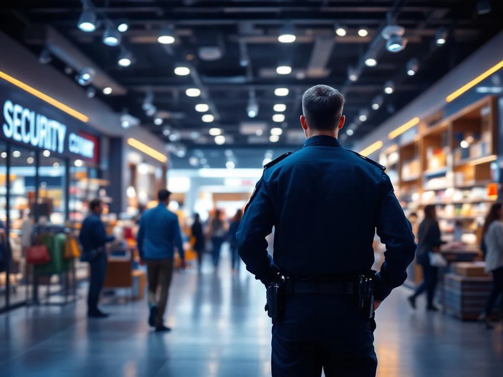 Beveiligingsbeambte in uniform bewaakt winkelende klanten in moderne winkel met beveiligingscamera's