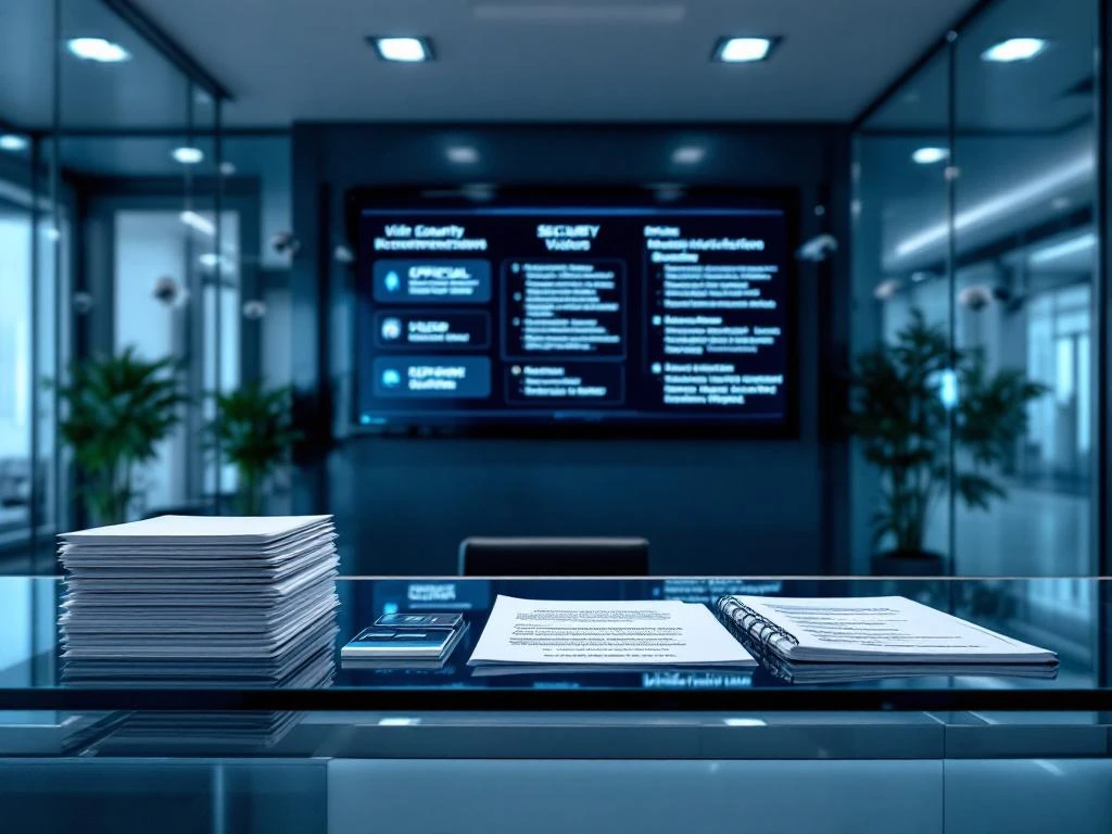 Moderne beveiligingsreceptie met glazen balie, toegangskaarten, digitaal display met protocollen en surveillance camera's