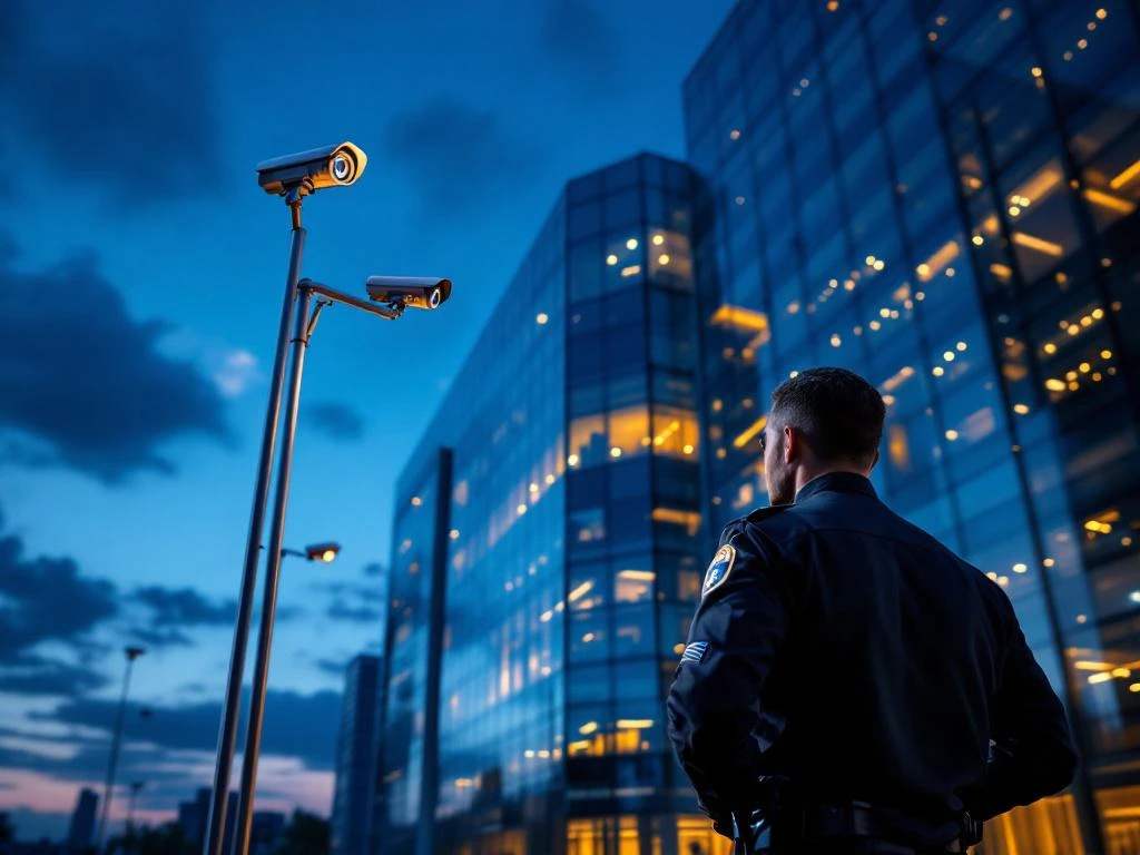 Beveiligingsbeambte bij modern kantoorgebouw met bewakingscamera's tijdens schemering, warme verlichting binnen