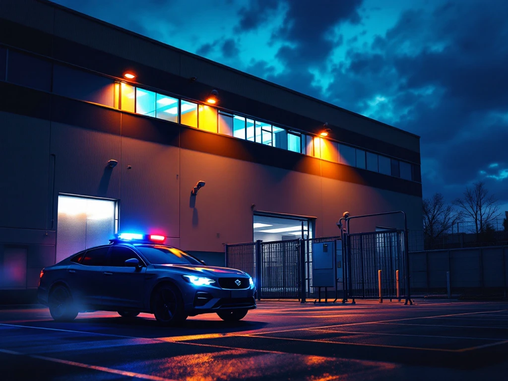 Moderne kantoorgebouw met beveiligingsvoertuig, camera's en verlichting bij schemering voor 24/7 objectbeveiliging