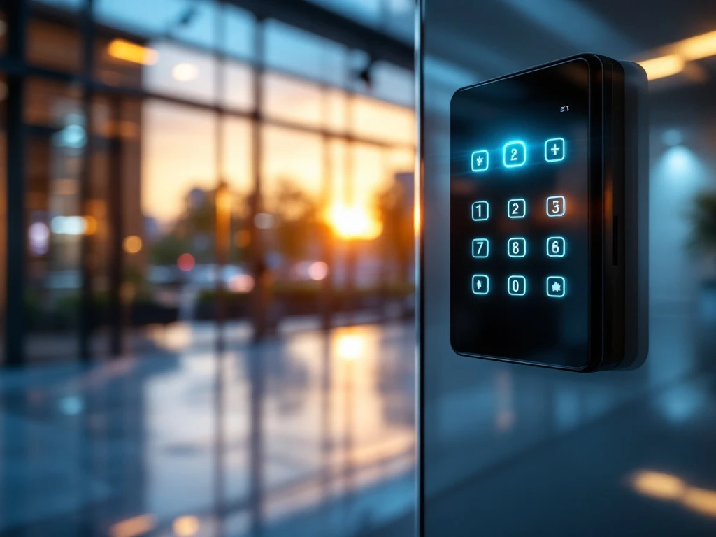 Moderne beveiligingskeypad met blauwe LED-verlichting op glazen kantoorgebouw bij schemering met toegangskaarten