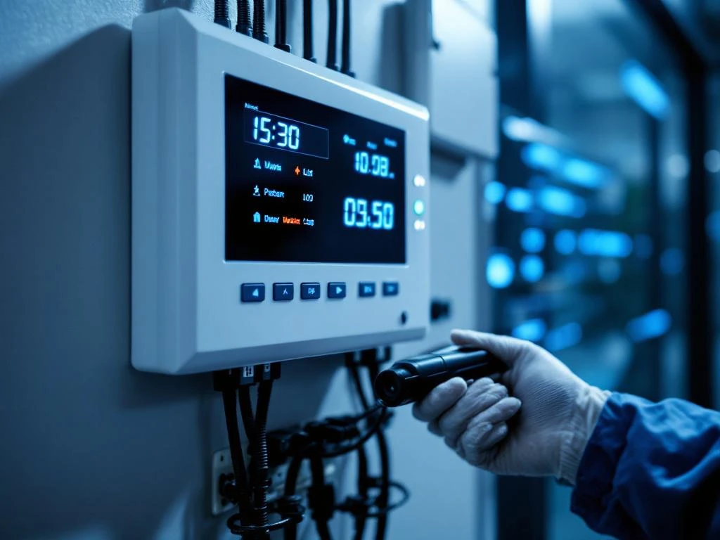 Technicus met diagnostische apparatuur bij wit beveiligingspaneel met LED-indicators en digitale display