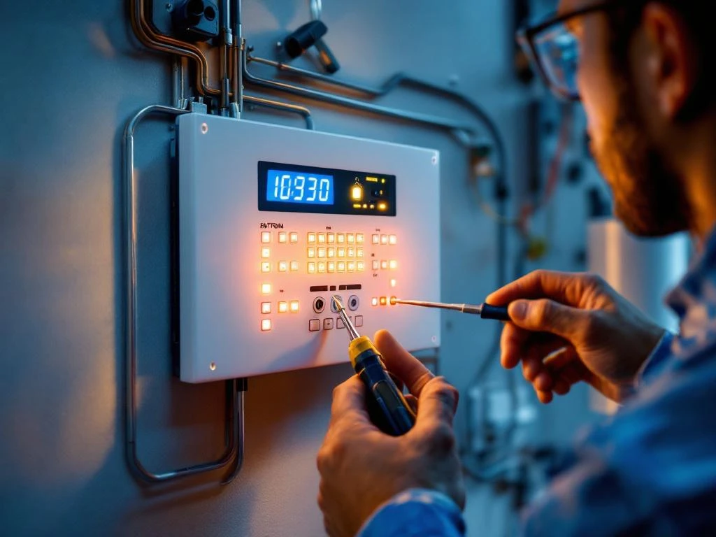 Technicus voert onderhoud uit aan wit beveiligingsalarm paneel met LED-indicatoren en digitale displays op moderne muur