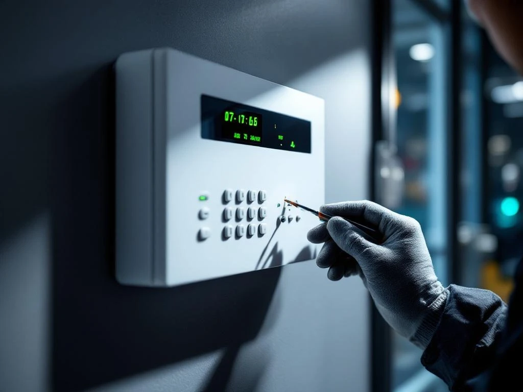 Technicus voert onderhoud uit aan wit beveiligingsalarmpaneel met groene LED-lampjes en digitale indicatoren