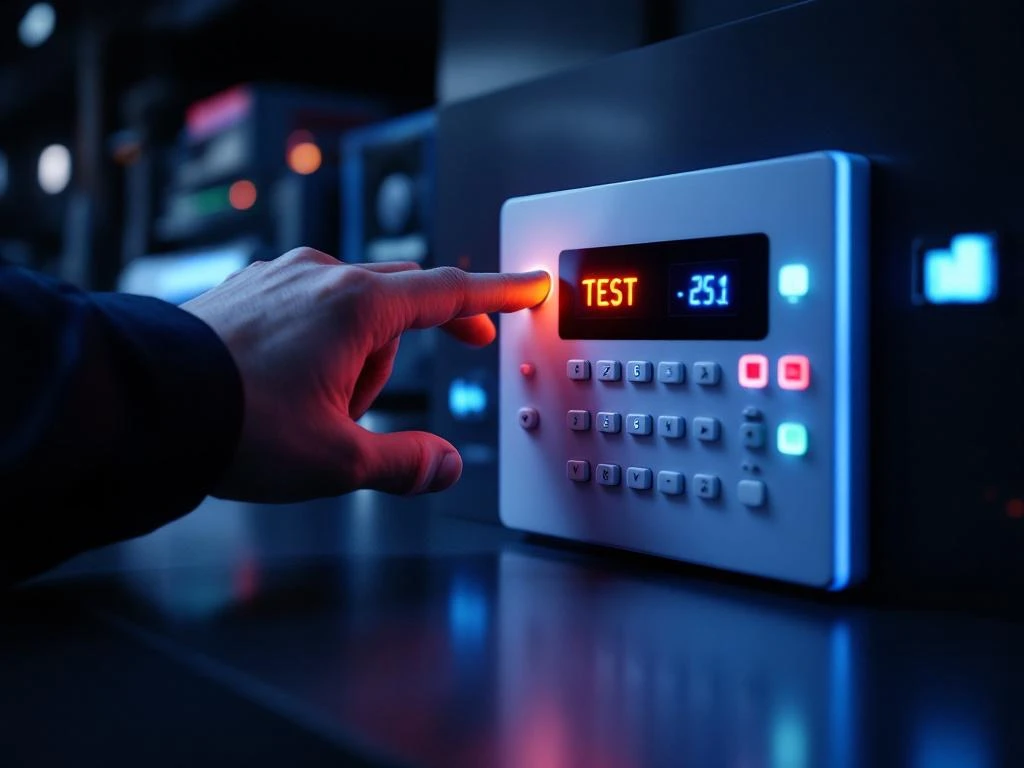 Professionele hand test witte beveiligingsalarm paneel met LED-indicatoren en digitaal display op donkere ondergrond
