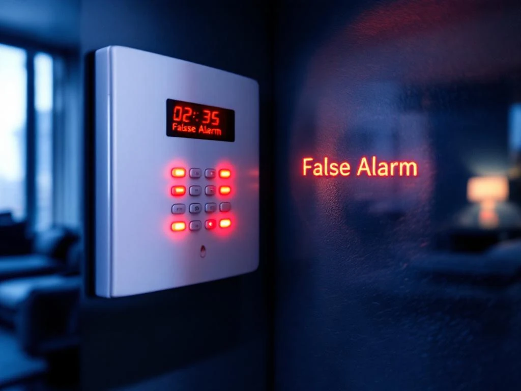 Witte beveiligingsalarm paneel met rode LED waarschuwingslichten en smartphone met vals alarm melding op scherm