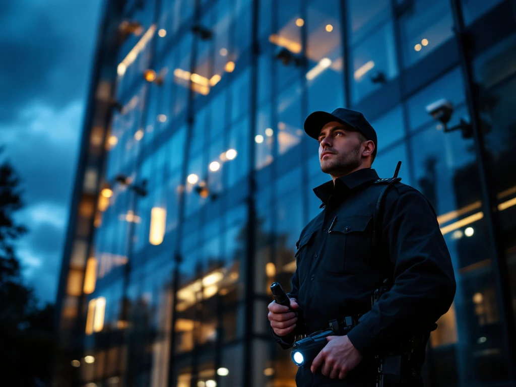 Professionele beveiligingsbeambte met zaklamp bij modern kantoorgebouw tijdens schemering, bewakingscamera's zichtbaar