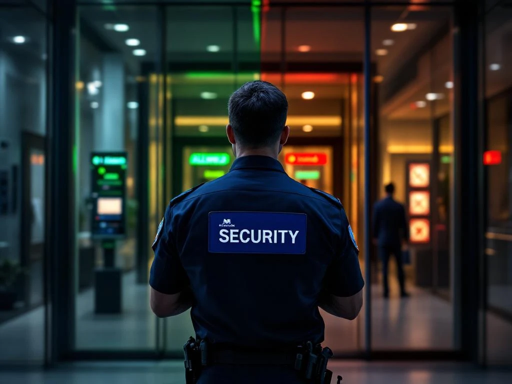 Beveiligingsbeambte in uniform bij moderne kantooringang met groen verlichte toegestane en rood verlichte verboden elementen