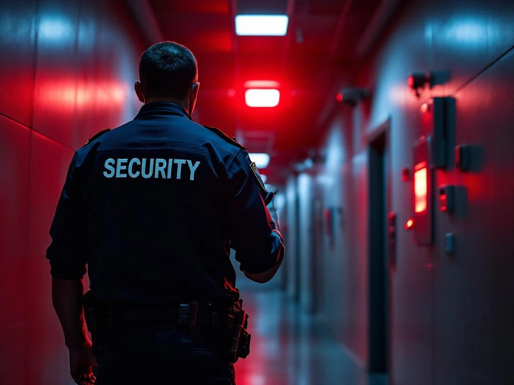 Beveiligingsmedewerker van Marshall Security met radio in kantoorgang tijdens noodsituatie met rood alarm licht