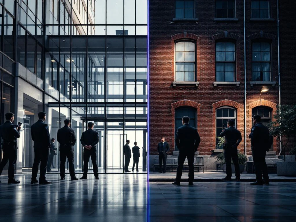 Vergelijking van moderne en traditionele beveiligingsbedrijven met bewakers, gebouwen en surveillanceapparatuur zij aan zij