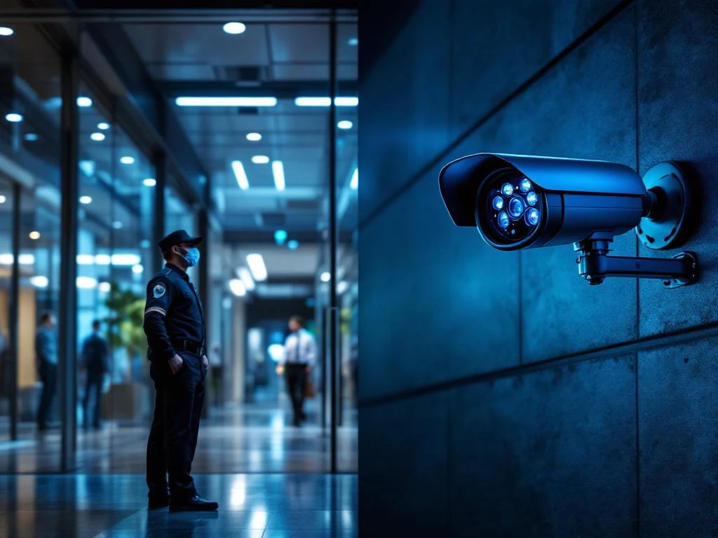 Beveiligingsbeambte bij kantoorgebouw naast high-tech bewakingscamera met LED-indicatoren in blauw-wit licht