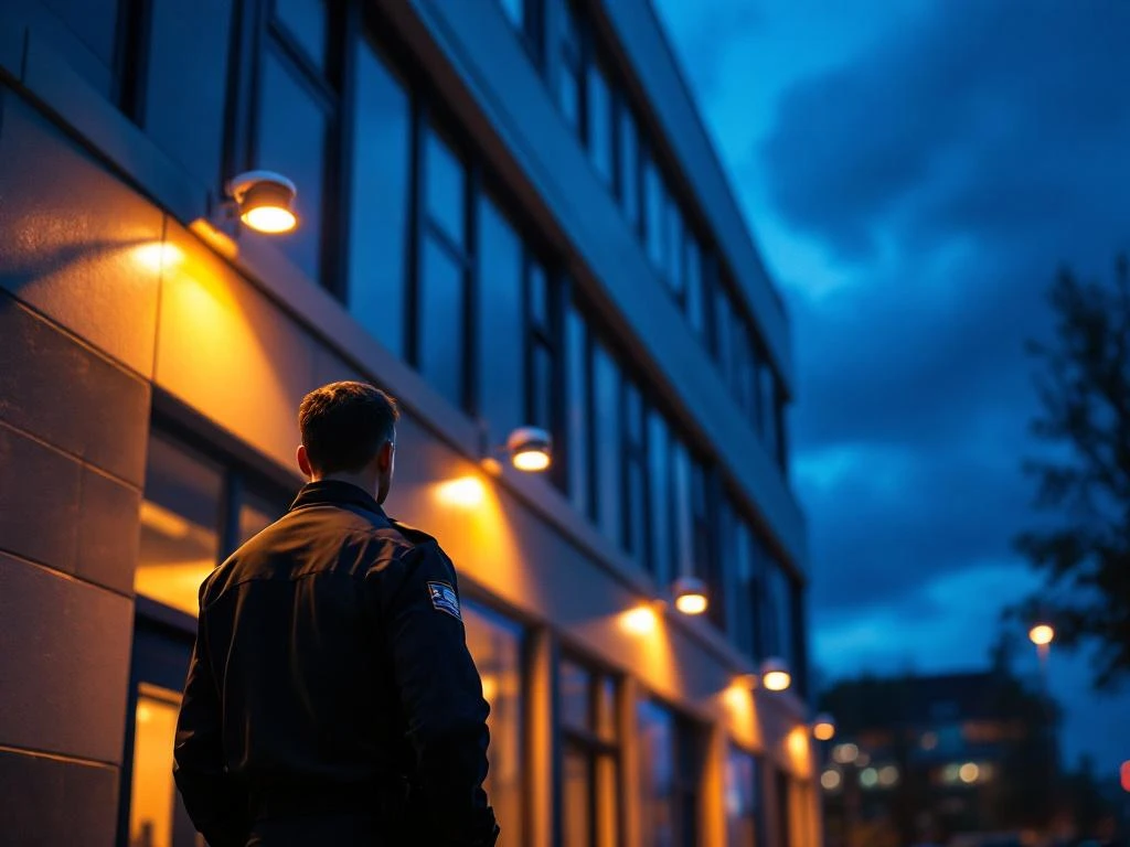 Beveiligingsbeambte bij modern kantoorgebouw bij schemering met verlichte gevel en zichtbare beveiligingscamera's