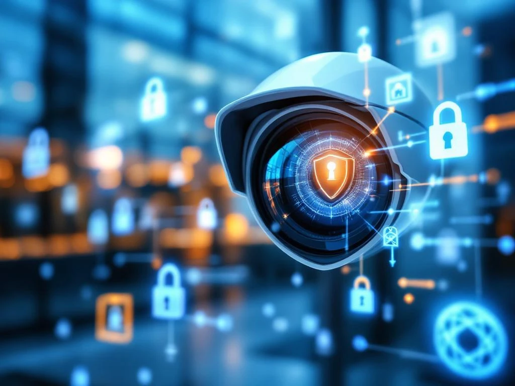 Beveiligingscamera lens reflecteert privacy-schild symbool tegen glazen kantoorgebouw met digitale beveiligingspictogrammen