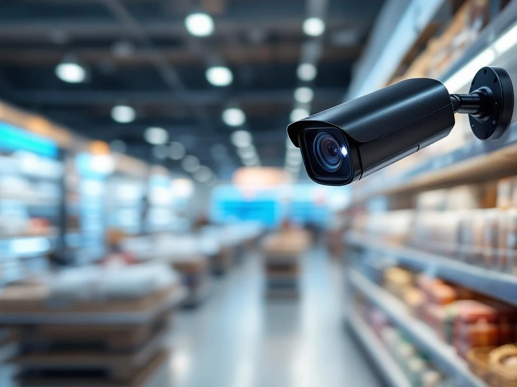 Zwarte beveiligingscamera in moderne winkel met witte schappen en professionele verlichting