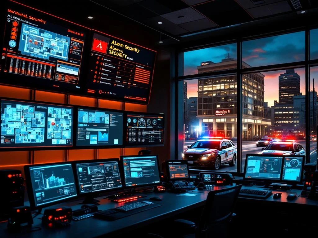 Moderne beveiligingscentrale met gloeiende monitoren en alarmnotificaties, Marshall Security voertuigen rijden naar incident
