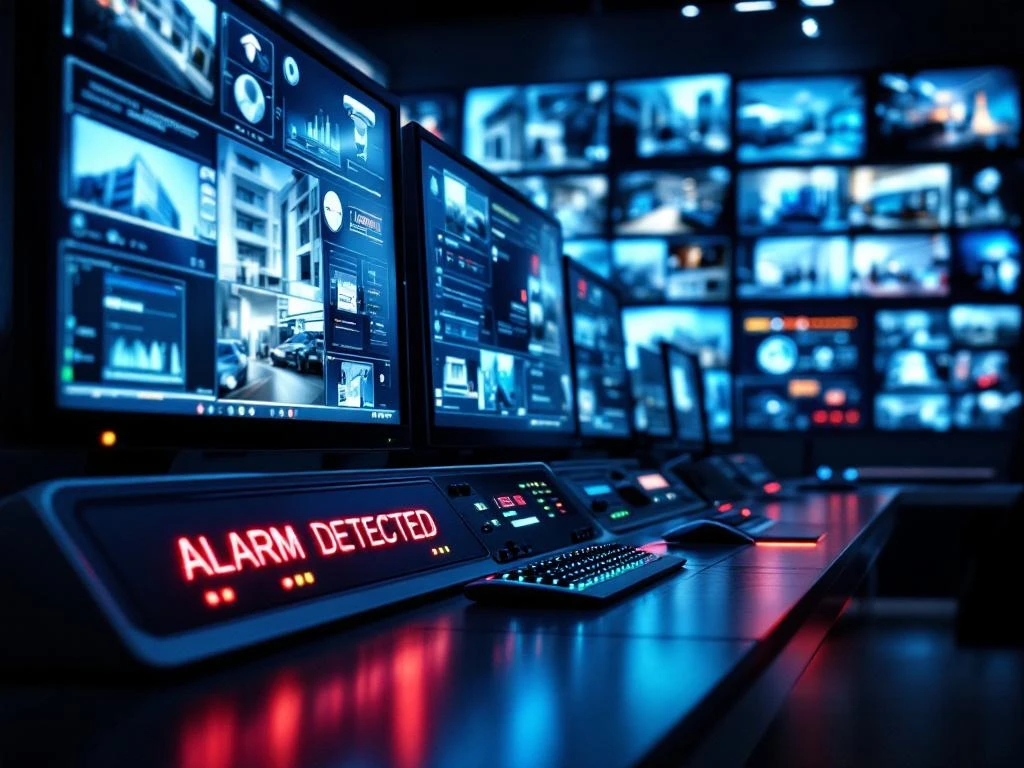 Moderne beveiligingscontrolekamer met HD-monitors, alarmdetectie displays en verlichte controlepanelen met indicatielampjes